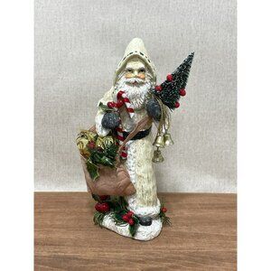 Christmas Old World Santa Figurine 1990s White With Glitter 7 Inch Primitive